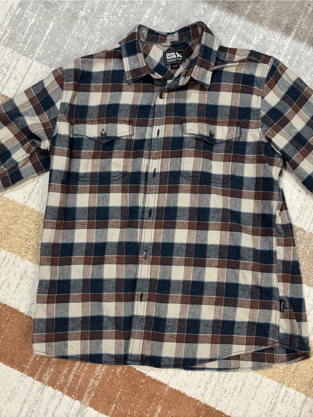 Eddie Bauer Men's Plaid Button-Up Flannel Shirt in Navy, Brown & Cream